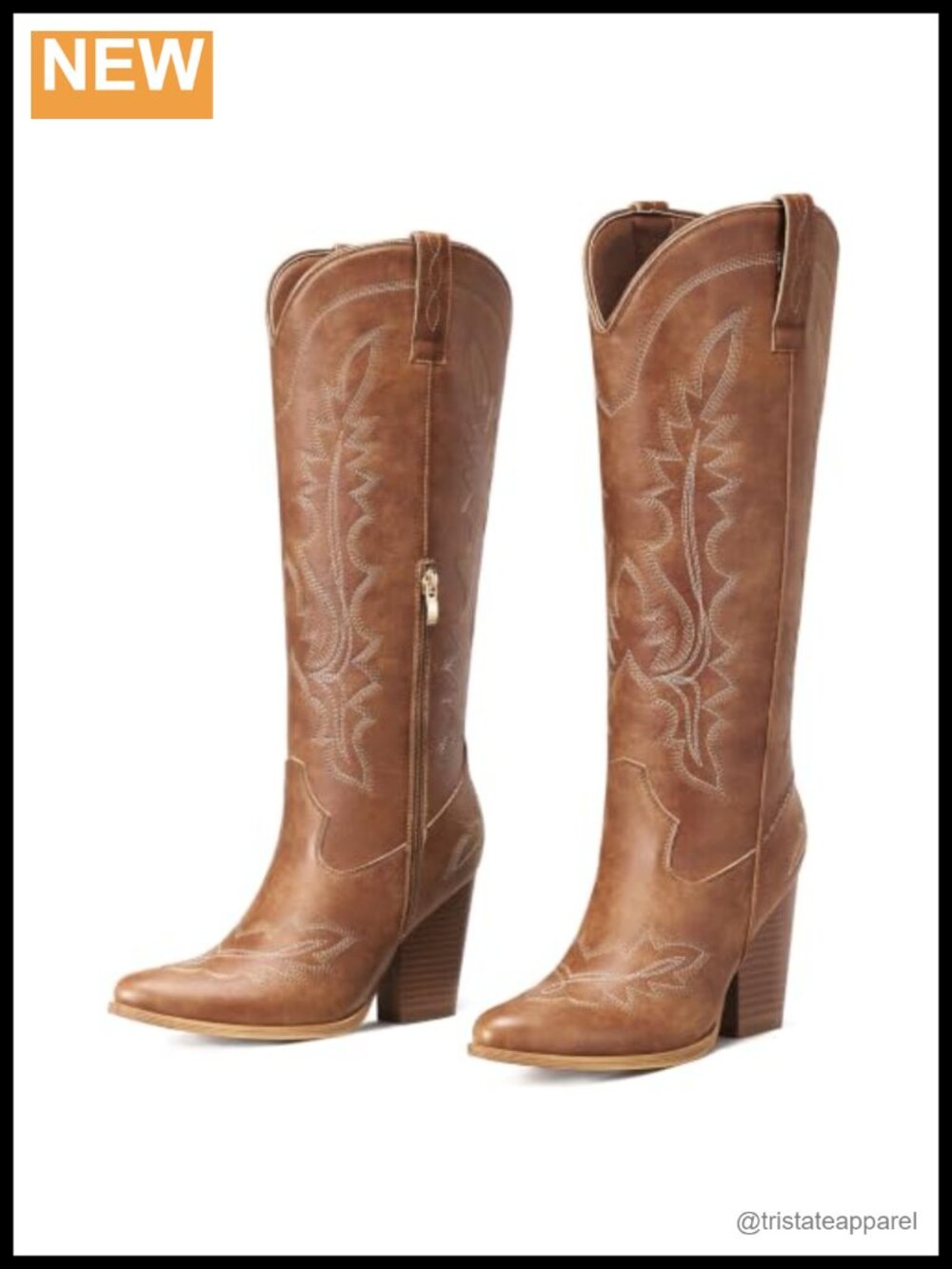 Knee High Cowboy Boots for Women Chunky Heel Side Zip Pointed Toe Western Boots